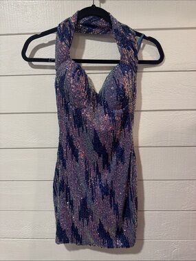 FASHION NOVA Sequined Halter Bodycon Dress in Iridescent Purple: small